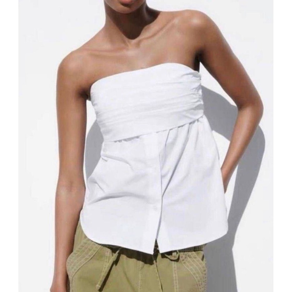 Zara White Poplin Strapless Tube Top Ruched Corset Cottagecore Coquette Fairy S